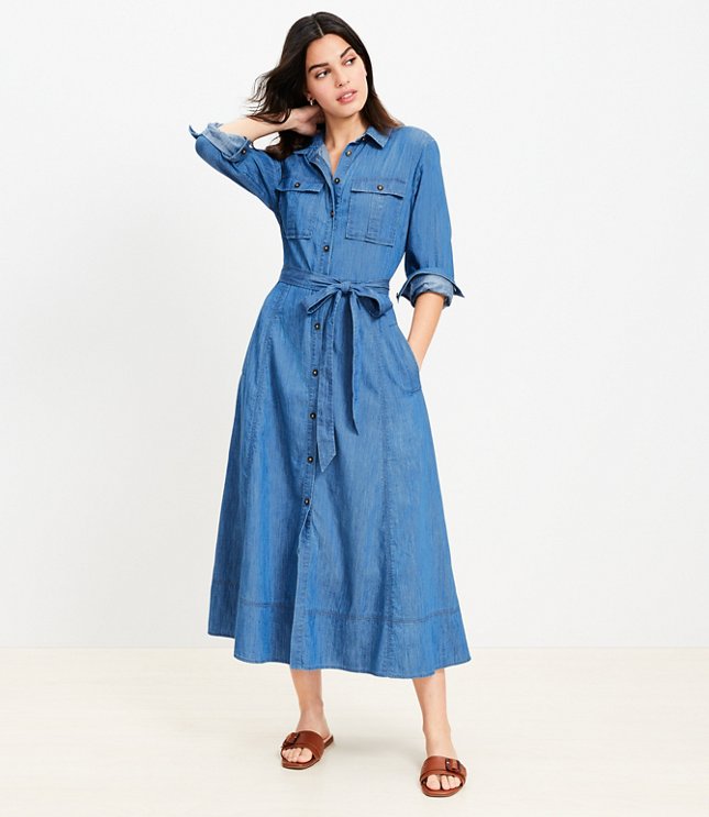 Chambray Belted Midi Pocket Shirtdress