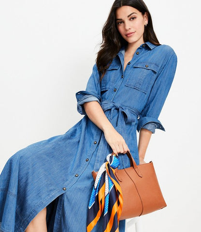 Chambray Belted Midi Pocket Shirtdress