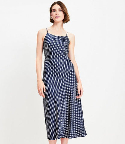 Dotted Satin Strappy Bias Midi Dress