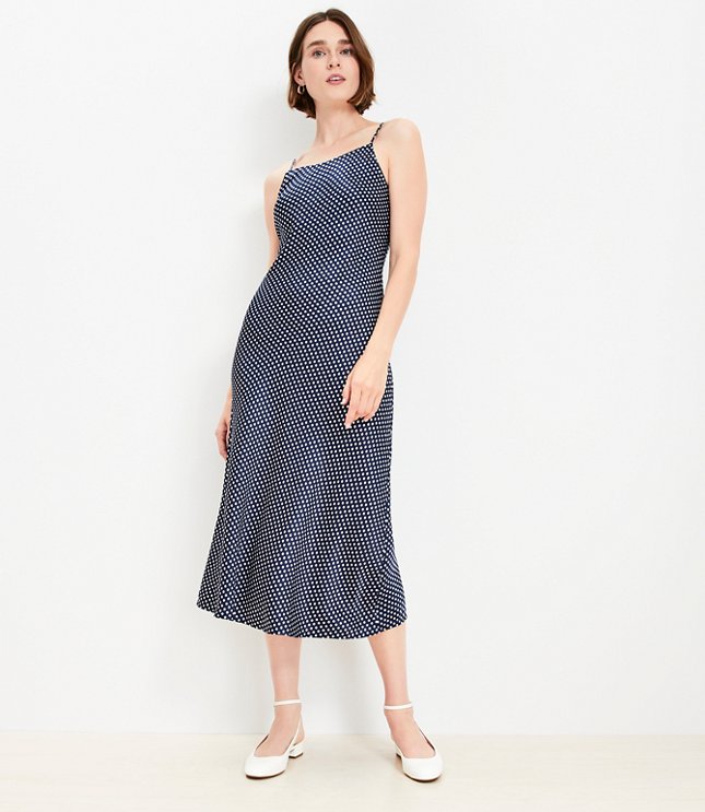 Dotted Satin Strappy Bias Midi Dress