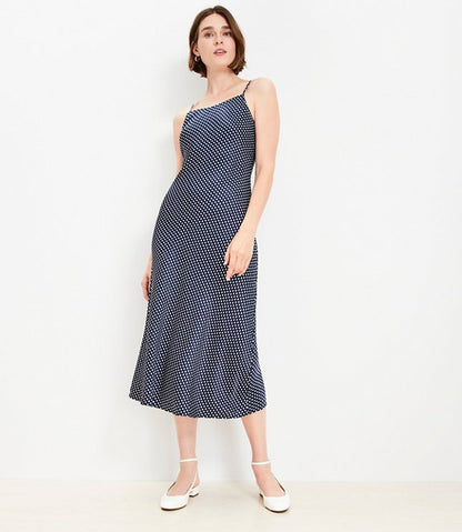 Dotted Satin Strappy Bias Midi Dress