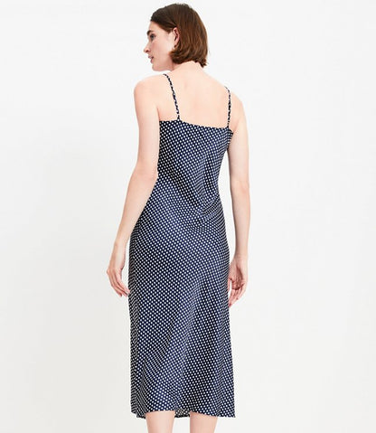 Dotted Satin Strappy Bias Midi Dress