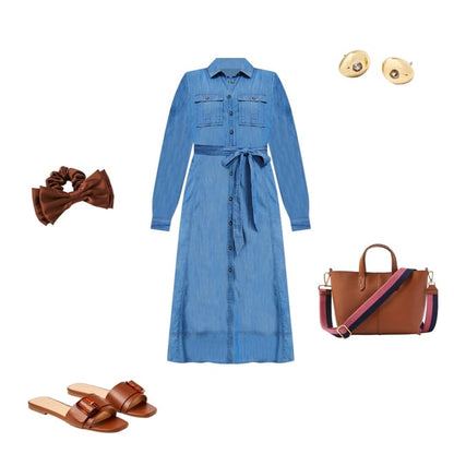 Chambray Belted Midi Pocket Shirtdress