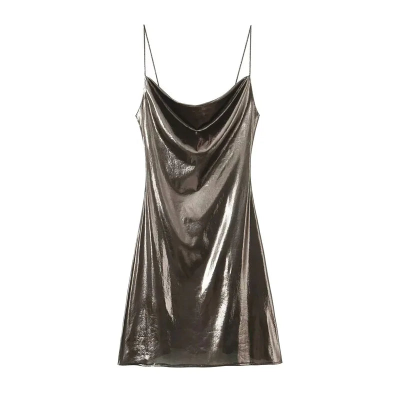 TRAF Slip Dress Backless Short Dresses for Women 2023 Sexy Gold Silver Dress Party Mini Prom Gala Dresses Woman