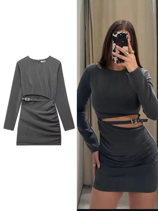 TRAF Elegant Women Gray Hollow Out Mini Dress With Belt Fashion Back Zipper Long Sleeve Dress High Street 2025 Spring Summer