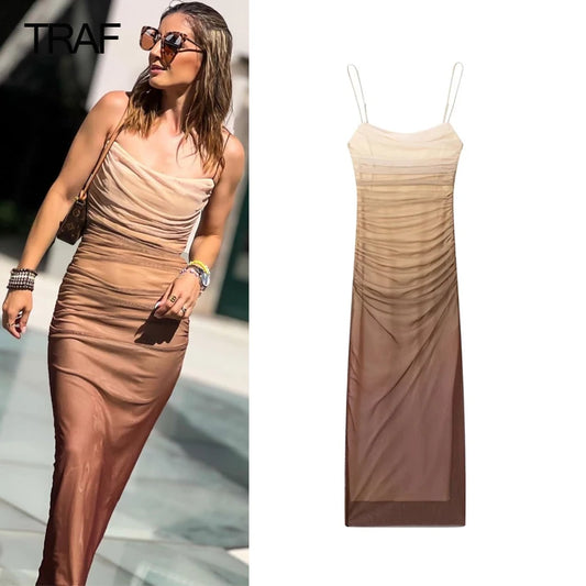 TRAF Womens Mesh Wrap Dress Tulle pleated Print dresses for Women 2023 Midi Casual Summer Female bodycon Slip Corset Dress