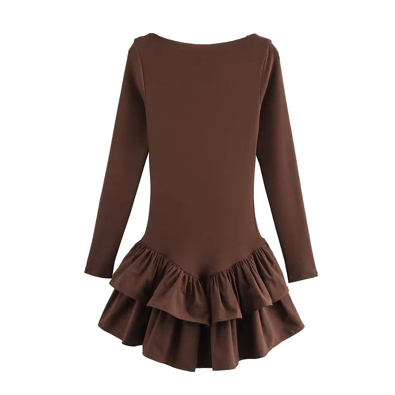 TRAF 2025 Ruffle Short Dresses for Women Fairy Bodycon Mini Dress Woman Spring Party Womens Dresses Vintage Knit Women's Dress