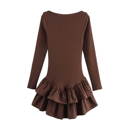 TRAF 2025 Ruffle Short Dresses for Women Fairy Bodycon Mini Dress Woman Spring Party Womens Dresses Vintage Knit Women's Dress