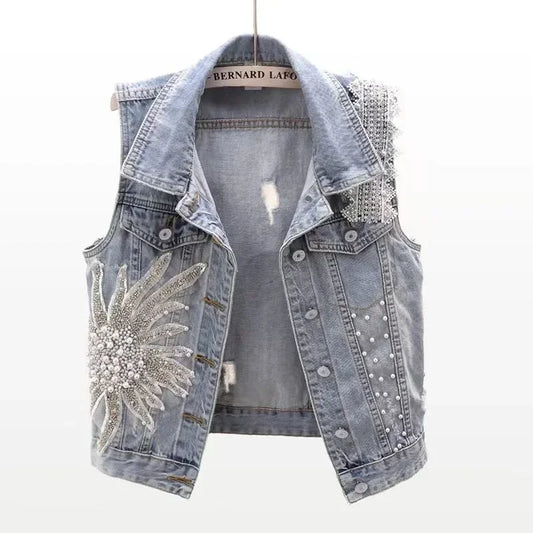 fashion Lace Beaded Denim Vest Women Cardigan 2024 New spring  Sleeveless Jacket Fashion Loose Vintage jeans Waistcoat tide R359