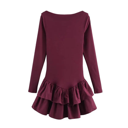TRAF 2025 Ruffle Short Dresses for Women Fairy Bodycon Mini Dress Woman Spring Party Womens Dresses Vintage Knit Women's Dress