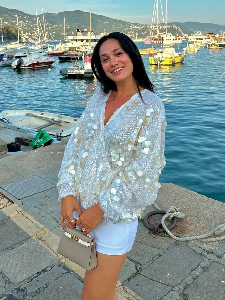 Women's Chic Sparkling Sequins Lace Up Cardigan Coat Spring Fashion Women's V-neck Long Sleeve Jacket 2025 Lady Party Streetwear