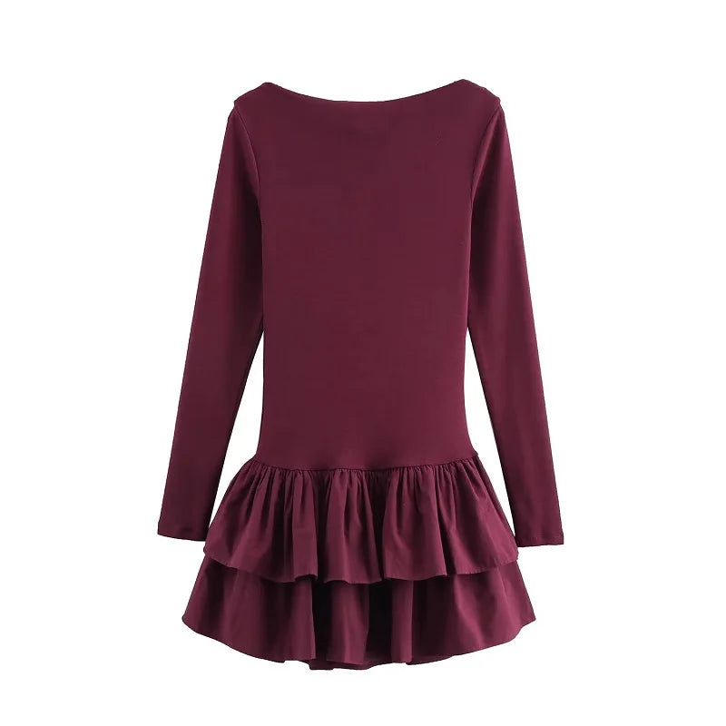 TRAF 2025 Ruffle Short Dresses for Women Fairy Bodycon Mini Dress Woman Spring Party Womens Dresses Vintage Knit Women's Dress