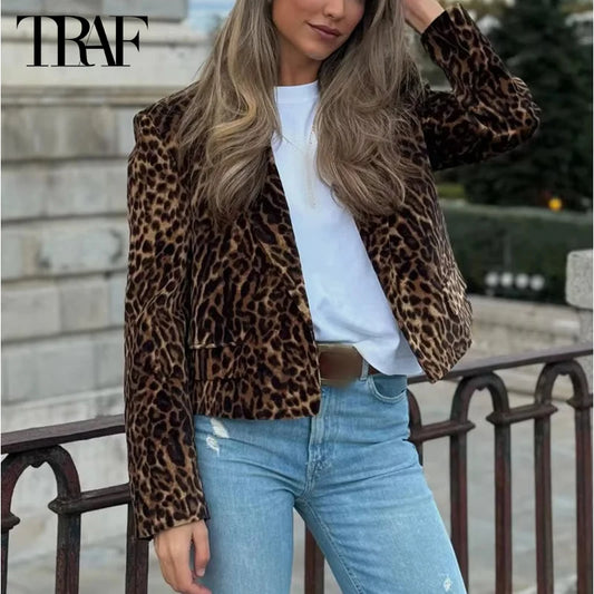 TRAF Leopard Print Blazer for Women Luxury Velvet Women's Blazers Suit Set Long Sleeve Office Blazer Woman Fashion Outerwears