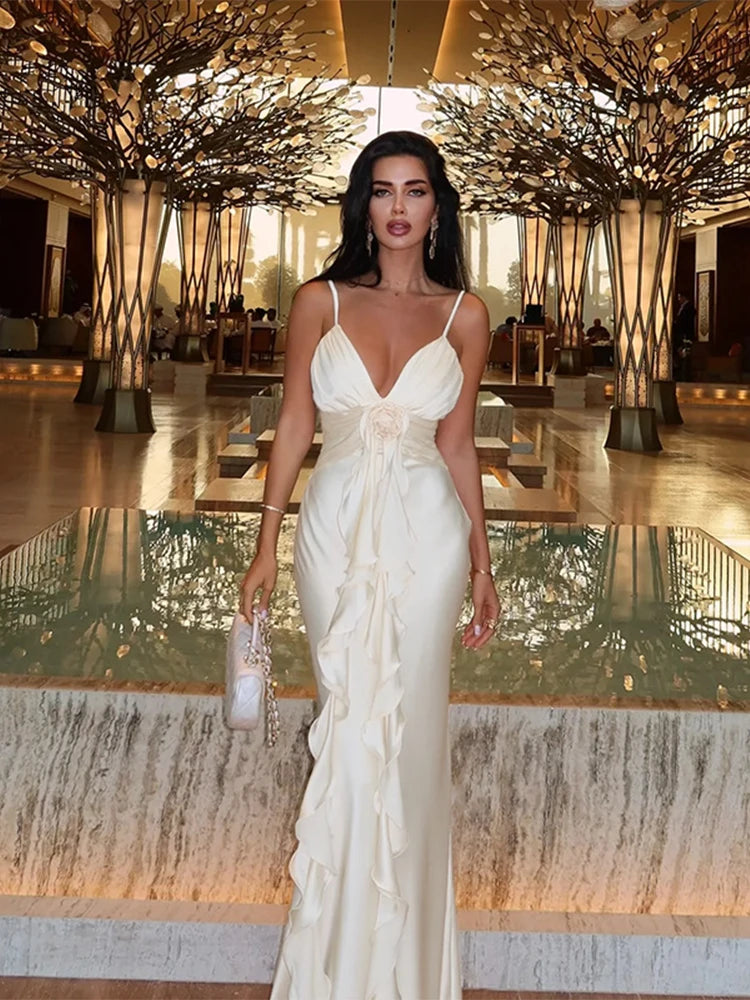 Elegant Flower Ruffle Strapless Sleeveless Maxi Dress for Women Slim Backlesss V Neck Dresses Lady Party Club Outwear Robe Vesti