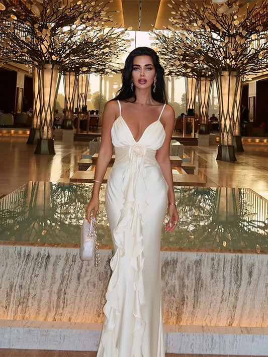 Elegant Flower Ruffle Strapless Sleeveless Maxi Dress for Women Slim Backlesss V Neck Dresses Lady Party Club Outwear Robe Vesti