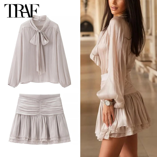 TRAF Pleated Mini Skirt Sets Womens 2 Pieces Semi Sheer Bow Blouses Women's Suit Holiday Outfits Skirts Sets for Women 2 Pieces