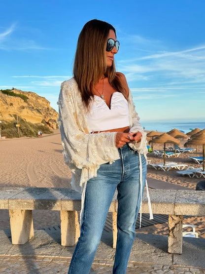 Women's Chic Sparkling Sequins Lace Up Cardigan Coat Spring Fashion Women's V-neck Long Sleeve Jacket 2025 Lady Party Streetwear