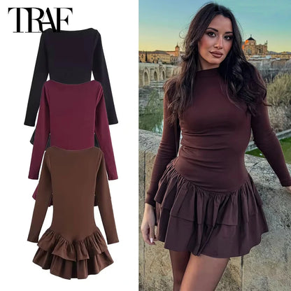 TRAF 2025 Ruffle Short Dresses for Women Fairy Bodycon Mini Dress Woman Spring Party Womens Dresses Vintage Knit Women's Dress