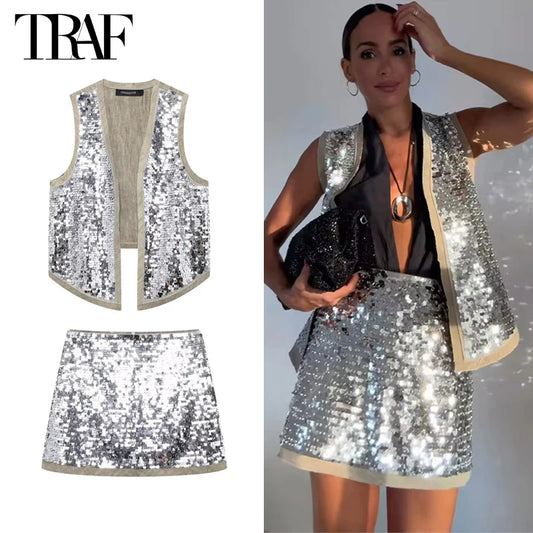 TRAF 2024 Sequin Open Vests for Women Glitter Sleeveless Vest Woman Summer Waistcoat Vest Top Women Fashion Luxury Lady Vests