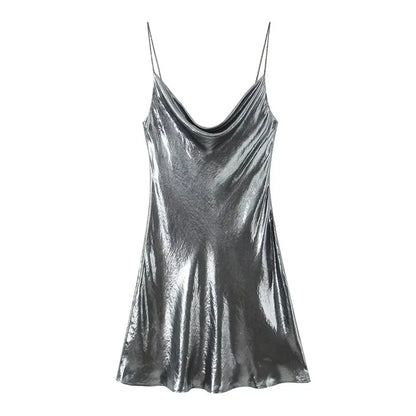 TRAF Slip Dress Backless Short Dresses for Women 2023 Sexy Gold Silver Dress Party Mini Prom Gala Dresses Woman