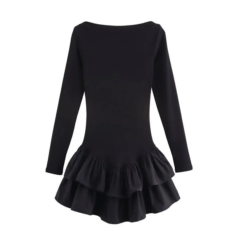 TRAF 2025 Ruffle Short Dresses for Women Fairy Bodycon Mini Dress Woman Spring Party Womens Dresses Vintage Knit Women's Dress