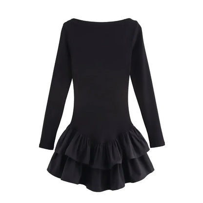 TRAF 2025 Ruffle Short Dresses for Women Fairy Bodycon Mini Dress Woman Spring Party Womens Dresses Vintage Knit Women's Dress