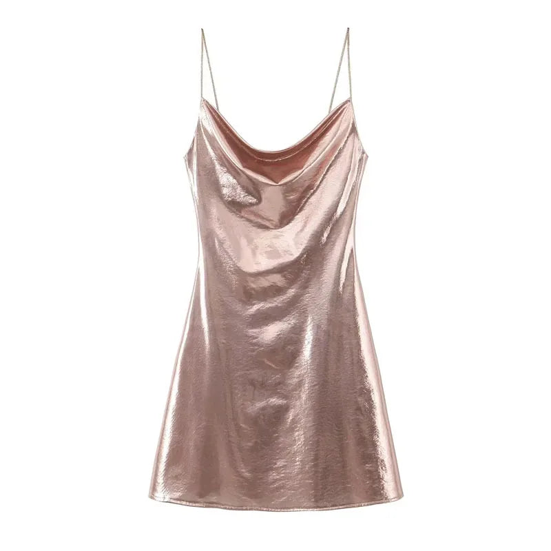 TRAF Slip Dress Backless Short Dresses for Women 2023 Sexy Gold Silver Dress Party Mini Prom Gala Dresses Woman