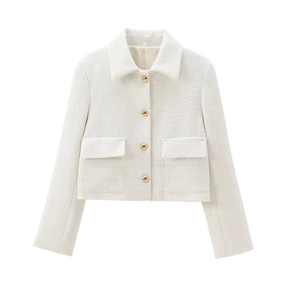 TRAF White Tweed Bomber Jacket Women Varsity Cropped Jacket Woman Outerwears Demi-season Jackets for Women Spring Women's Coats